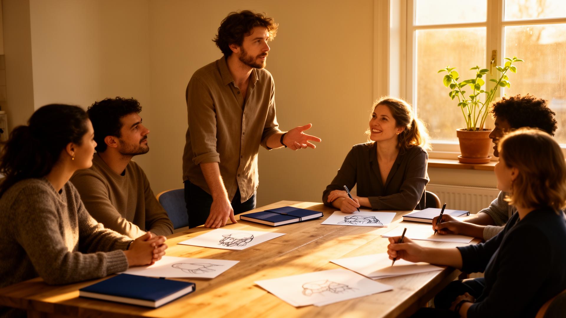 A diverse team in warm conversation around a sunlit wooden table, with a small green plant growing on the windowsill