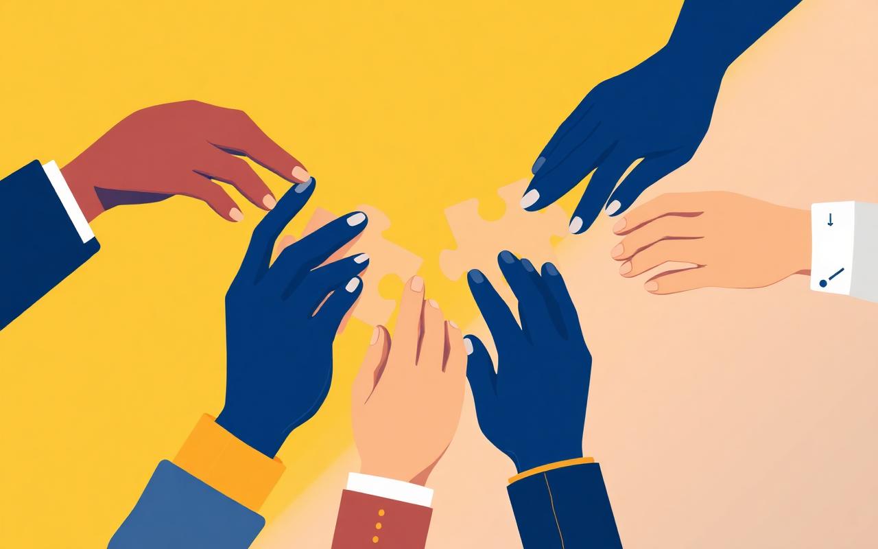Hands of different people joining puzzle pieces together